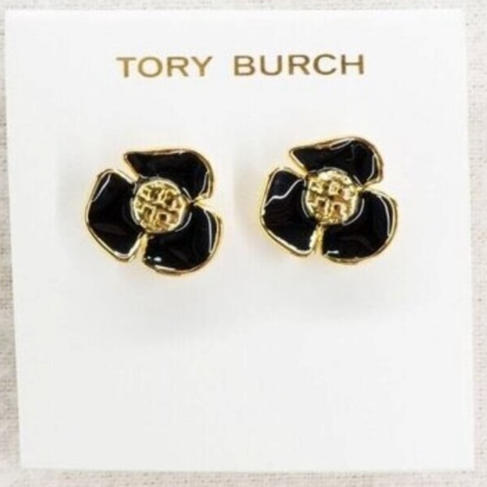 Tory Burch Black and Gold Floral Stud Earrings NWT No Dust Bag